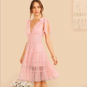 Shoulder Knot Plunging Neck Pink Mesh Dress